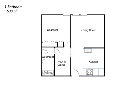 Floor plan for 1 bed, 1 bath